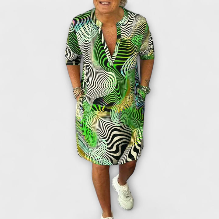 Liora - Barevné Šaty s V-výstřihem a Elegantním Padáním