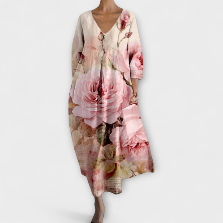 Fiona - Dlouhé, barevné šaty s výstřihem do V