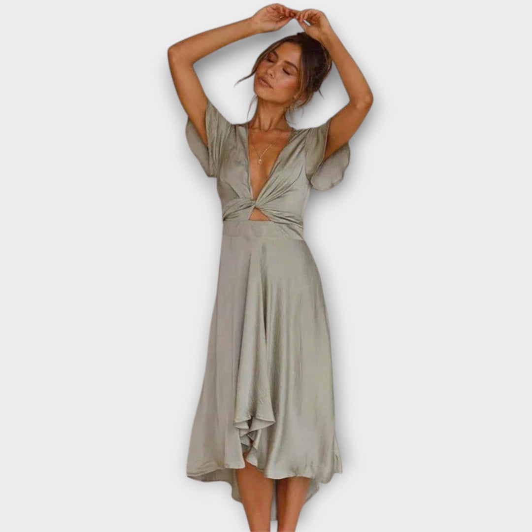 Margret - Elegantní midi šaty s V výstřihem