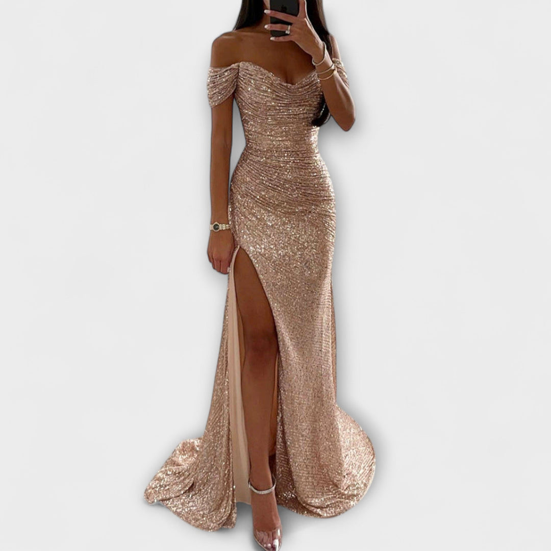 Letní Večerní Šaty pro Ženy – bezramenné Glitrové Maxi-šaty s Rozparkem pro Svatební a Oslavní Příležitosti