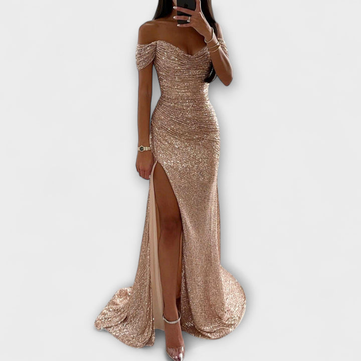 Letní Večerní Šaty pro Ženy – bezramenné Glitrové Maxi-šaty s Rozparkem pro Svatební a Oslavní Příležitosti