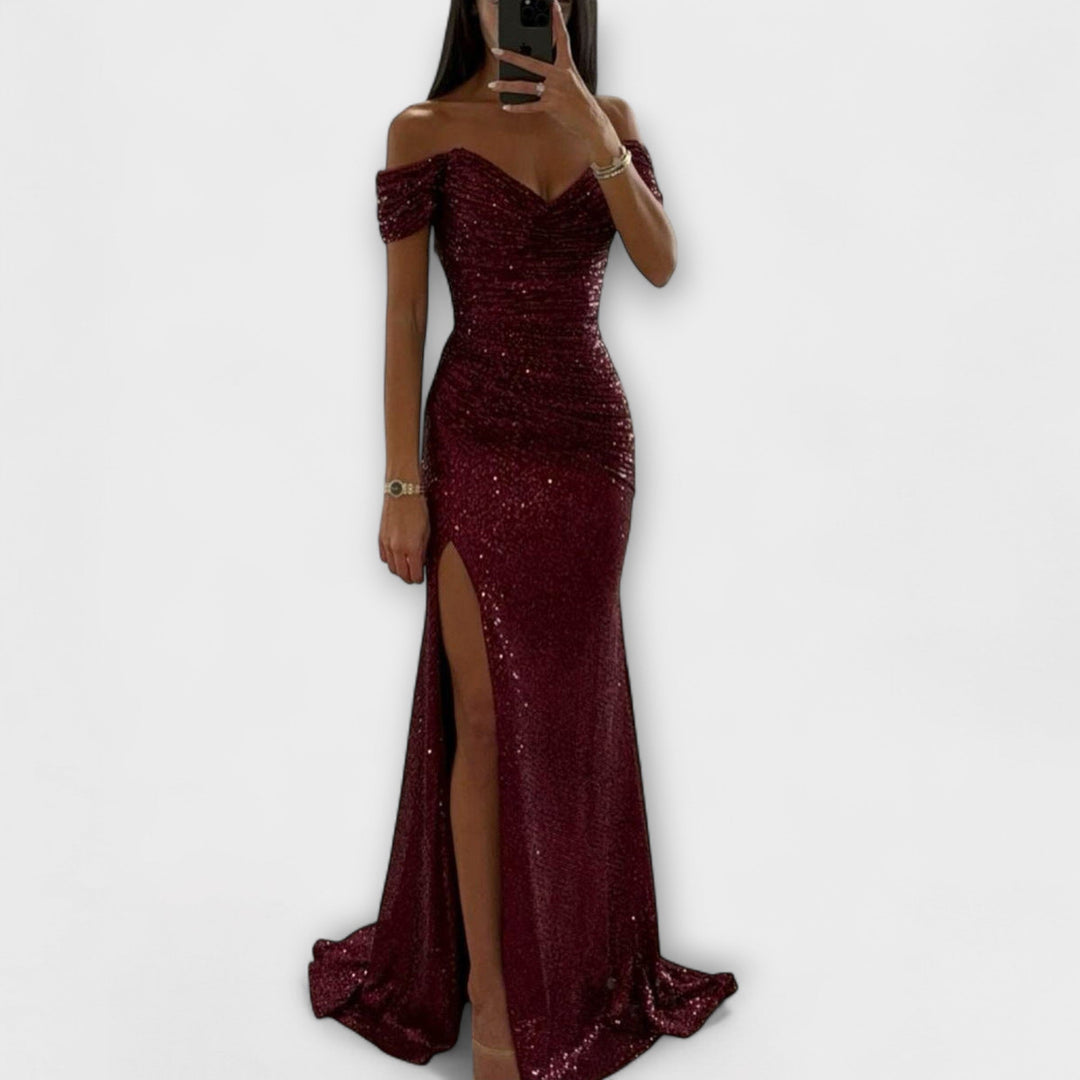 Letní Večerní Šaty pro Ženy – bezramenné Glitrové Maxi-šaty s Rozparkem pro Svatební a Oslavní Příležitosti