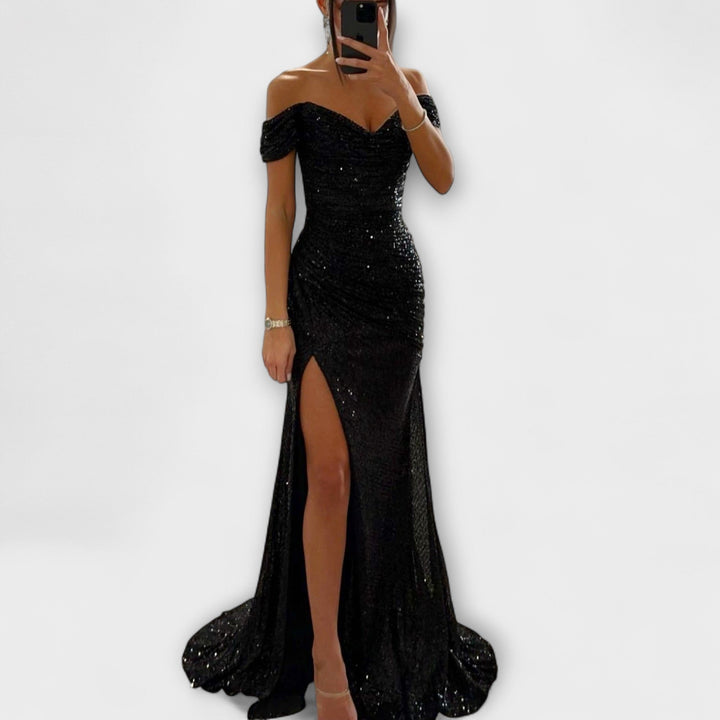 Letní Večerní Šaty pro Ženy – bezramenné Glitrové Maxi-šaty s Rozparkem pro Svatební a Oslavní Příležitosti