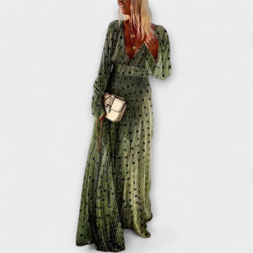 Elegantní dlouhá šaty s puntíkovým potiskem