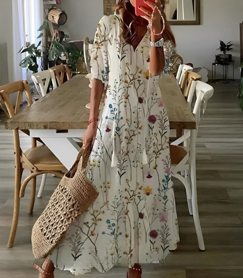 Jana - Boho Vintage V-krční tištěné šaty