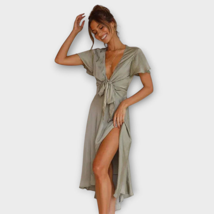 Margret - Elegantní midi šaty s V výstřihem