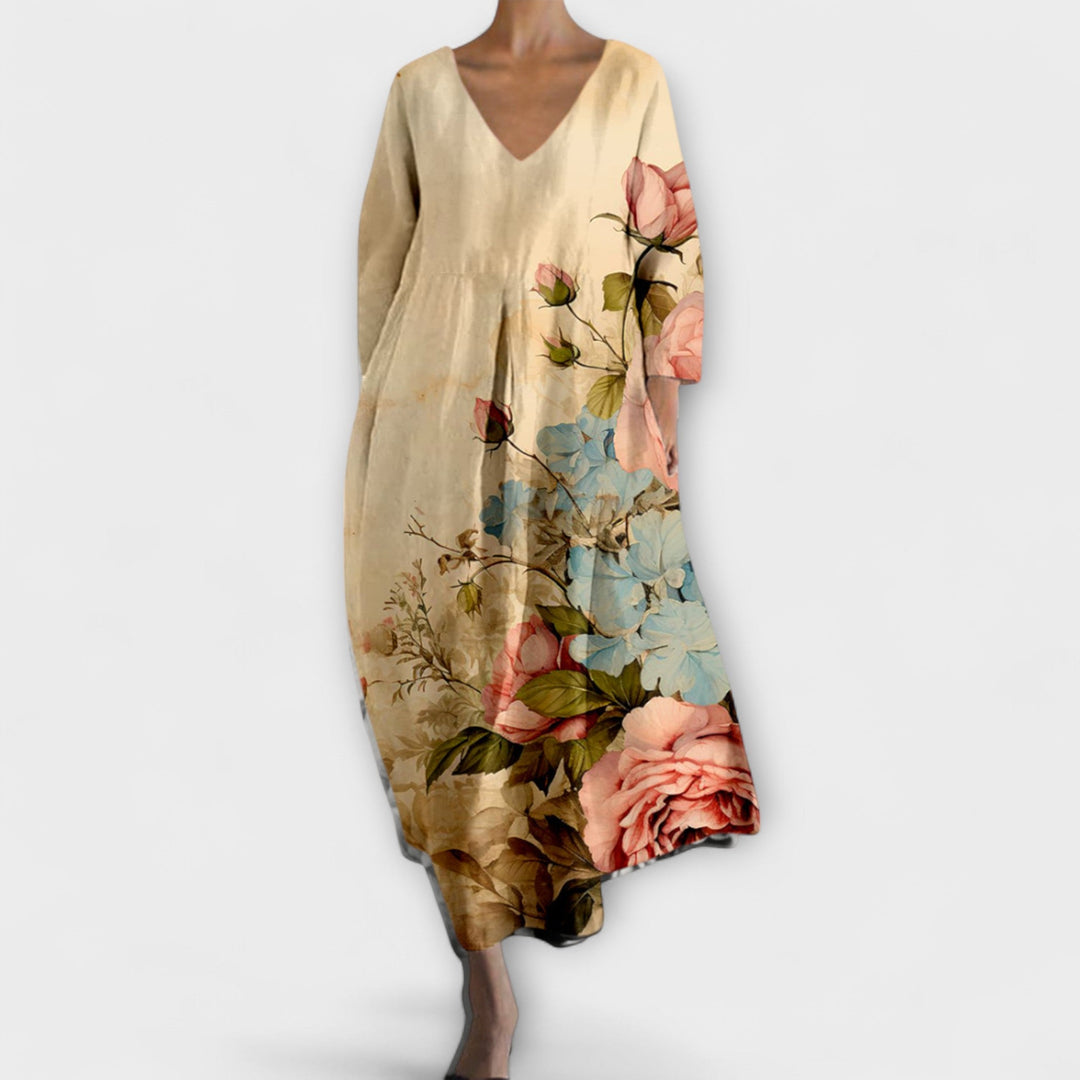 Fiona - Dlouhé, barevné šaty s výstřihem do V